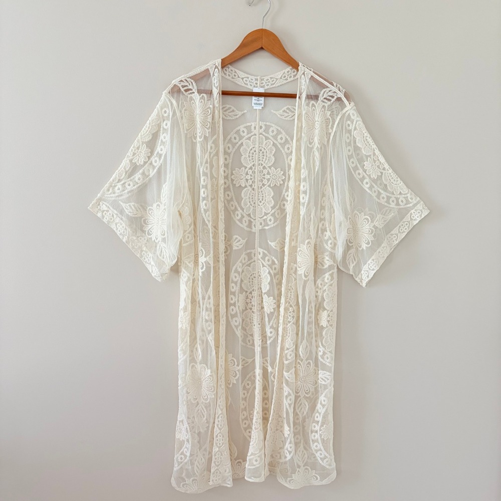 Kimono Cardigan L-XL Ivory Lace Floral Bohoโ Mesh Open Front Coverup Whimsical